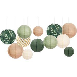 Party Decorations Paper Lanterns Set, 12Pcs Green Brown Hanging Paper Lantern